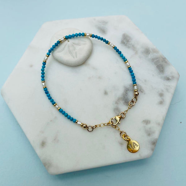 Turquoise and Rice Pearl Skinny Bracelet
