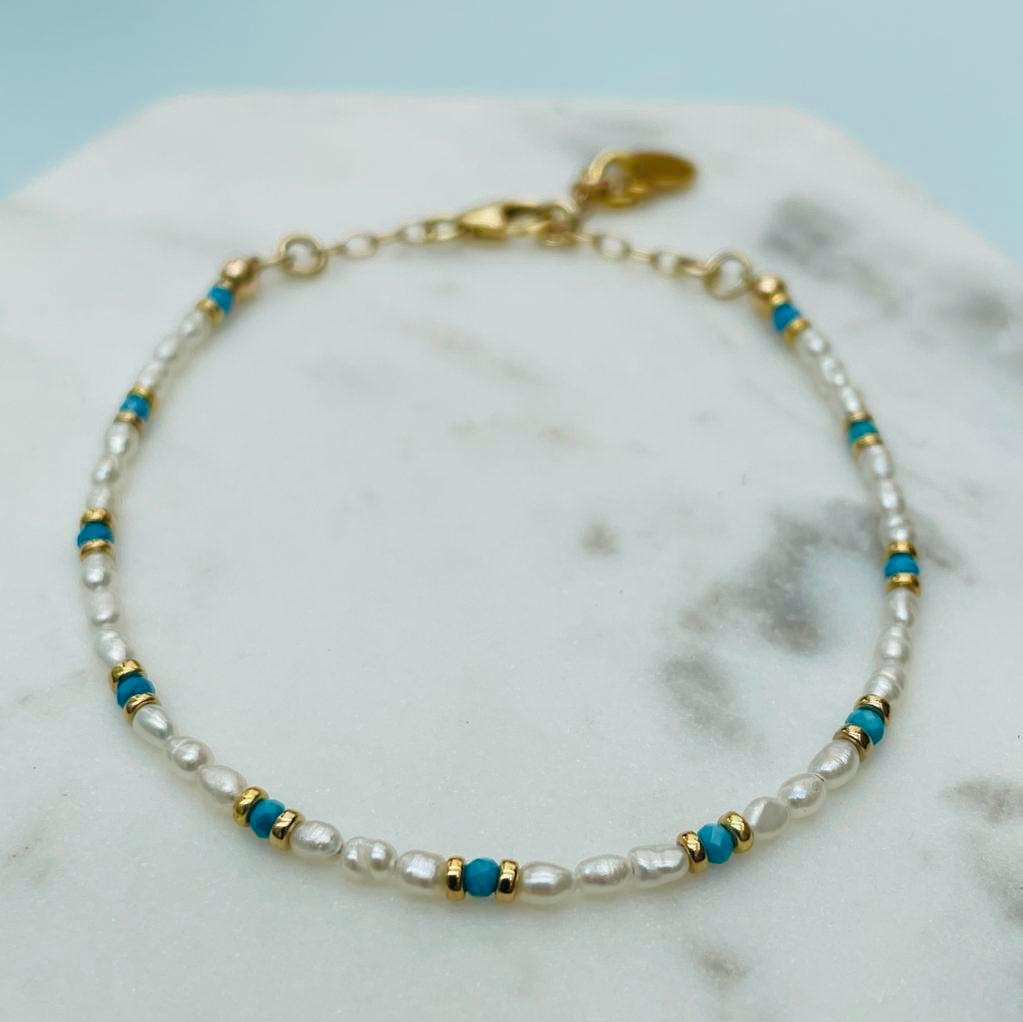 Rice Pearl and Turquoise Skinny Bracelet