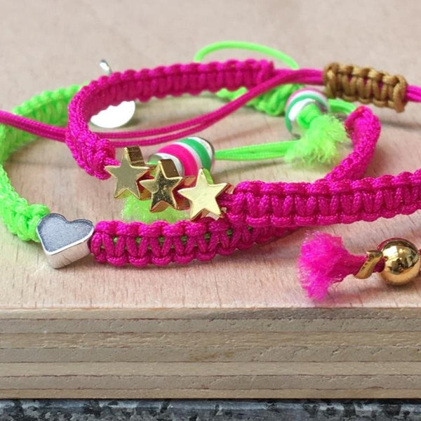Silver Heart Friendship Bracelet (Neon Green/Pink)